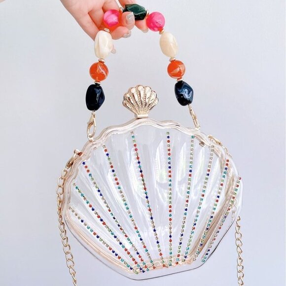 Handbags - Mini Rhinestone & Bead Decor Transparent Dome Women's Clear Crossbody Handbag